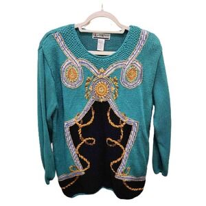 SK & Company Vintage 90s Embroidered Teal Knit Sweater Medallion Medium